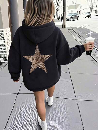 Young Girls' Casual Chic Minimalist Star & Leopard Print Sweatshirt, Comfortable Pullover Sweatshirt For Autumn/Winter, Suitable For Daily And Party Wear, Loose Fit Design
