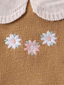 SHEIN 女婴荷叶边领针织长袖连体衣，秋冬舒适，百搭驼色/卡其色，刺绣蜜蜂图案，可爱优雅，适合日常穿着、居家、外出、旅行和日托 - 卡其色 - 查看 5