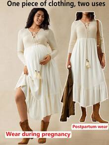 Boho Mama 孕妇休闲纯色不对称下摆连衣裙，秋季 - 杏色 - 查看 5