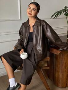 DAZY 女士休闲皮夹克，常规版型，秋季女式外套 - 咖啡棕 - 查看 6