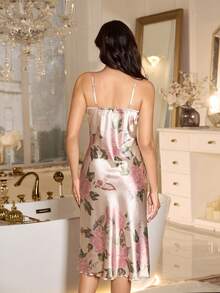 LuxeNights Floral Print Faux Silk Contrast Lace Slit Strap Elegant Nightgown Lingerie For Women Dress Slip Night Wear Night Gown - Multicolor - View 2