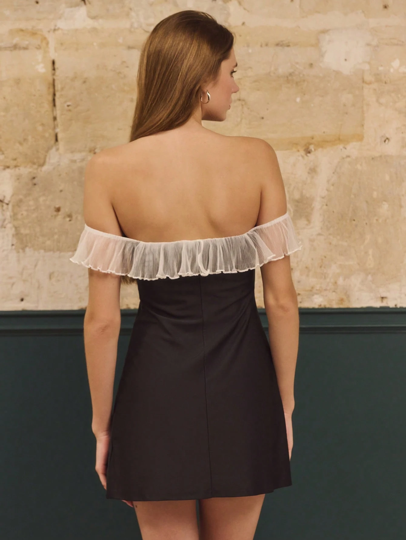 Black Satin Mini Dress With Sheer Ruffle Off Shoulder Detail Chic Party Dress Sexy Dress Chic Black Dress Date Night Dress Winter Dress  New Year Party Outfits French Style Parisian Style