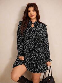Elaquor Plus Size Ruffle Hem A-Line Dress, Ditsy Floral Casual Elegant Everyday Long Sleeve Suitable For Spring Layering Black Flower - Black - View 6