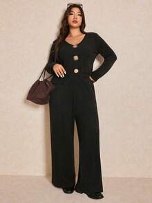 Elaquor Conjunto de top de manga larga con cuello en V y botones y pantalones de unicolor en talla grande - Negro - Ver 6