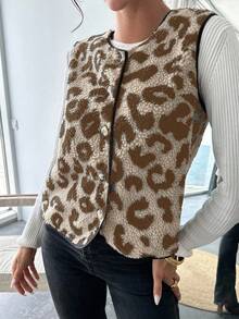 SHEIN Essnce Plus Size Winter Clothes For Women Business Casual Woman Women Leopard Print Single Breasted Sherpa Vest Jacket, Autumn/Winter Jacket Fur Coat Women - Khaki - View 4