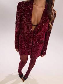 SHEIN BAE 女士时尚宽松亮片派对夹克 - 酒紅色 - 查看 4