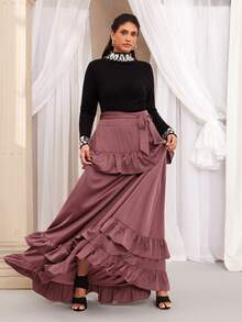 VOLUPTÉ CURVE Plus Size Women's Spring/Summer Pink Floor Length Skirt Solid Woven Double Ruffle Elastic Waist A-Line, Elegant Commute Party Casual Skirt - Rust Brown - View 5