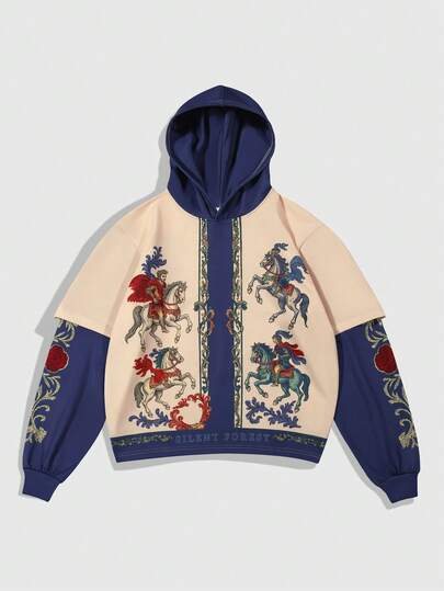 Street Life Sudadera con capucha casual de manga larga con estampado de caballero de otoño para hombres