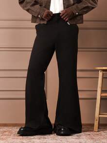 SUMWON 男士喇叭阔腿裤，侧开衩设计，宽松版型休闲裤，适合街头时尚 - 黑色 - 查看 2