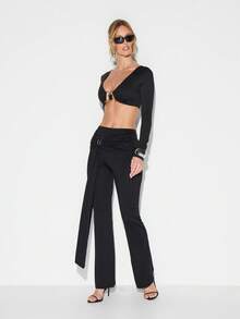 KIZN Sash Draped High Waist Flared Pants For Evening Events And Transitional Season Wear With Elegant Belt Detail - Black - View 1