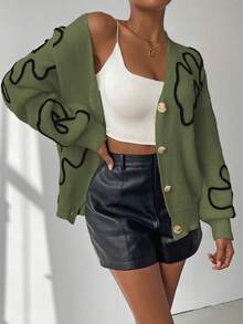 Chiquease Women's Floral Textured Drop Shoulder Long Sleeve Single-Breasted Casual Knit Cardigan, Autumn/Winter - Green - View 3