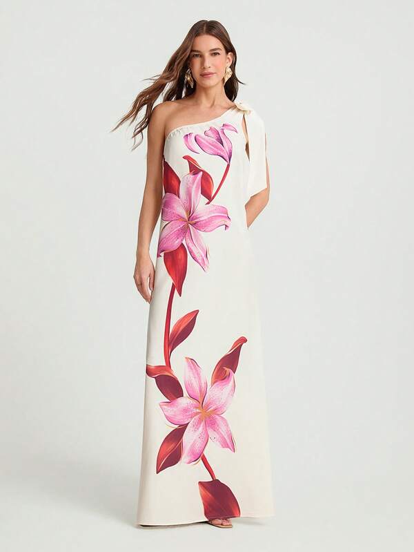 CAJUNI Vestido largo de una sola manga con flor grande