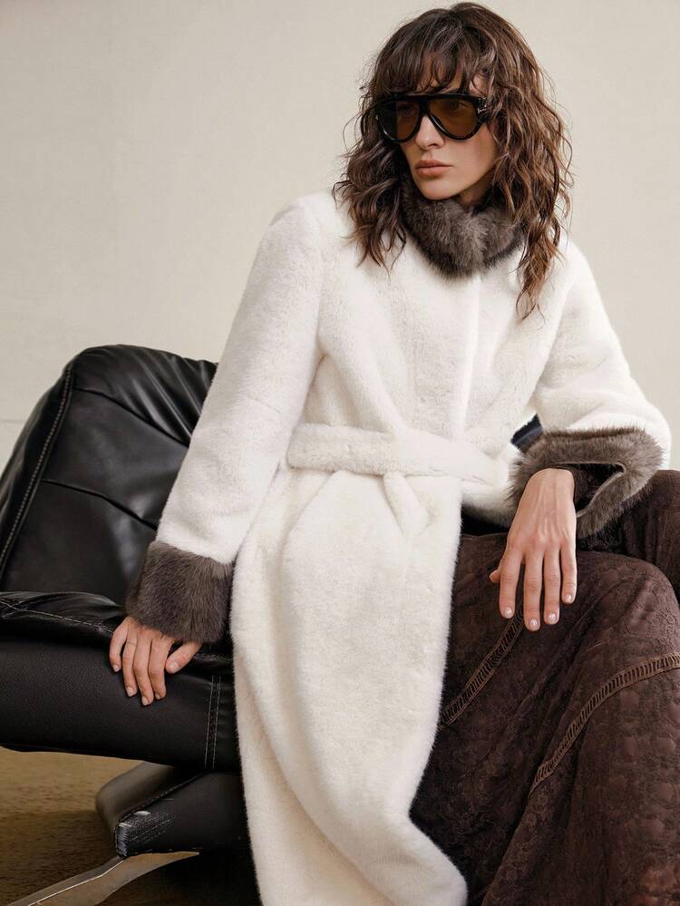 2026 Spring/Summer New Women Faux Fur Jacket, Brown & White Long Sleeve Faux Fur Coat, Elegant & Chic For Valentine's Day, Vacation Party, Urban Fashionable Belted Long Faux Fur Jacket
