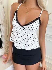 CovetEZ Camisetas de tirantes para el hogar de otoño e invierno para mujer, tops de primavera y verano, tops de camiseta con contraste de encaje a lunares en blanco y negro Pocardi, tops navideños, tops a lunares Pocardi, tops dulces Pocardi, top de camiseta Pocardi en blanco y negro con parche de encaje