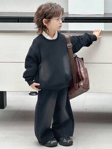 DAZY Young Boys Dark Grey Denim Two-Piece Outfit Long Sleeve Regular Fit Set