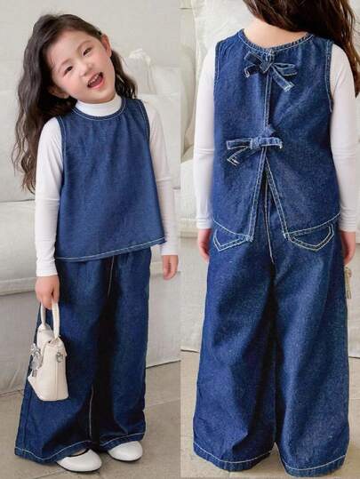 SHEIN Little Byeori 年轻女孩休闲无袖上衣和阔腿裤两件套服装