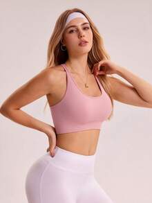Gameset SHEIN Sport 女士纯色交叉后背设计日常健身运动文胸 - 粉色 - 查看 5
