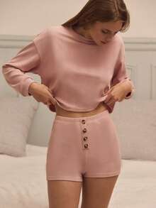 Cosy Pink Rib Loungewear Set With Long Sleeve Top And Button Front Shorts Warm Spring Summer - Pink - View 3