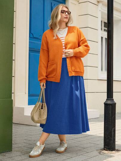 Rosumi Plus Size Women Fall/Winter Casual Street Fashion Solid Color Burnt Orange Cardigan With Pockets, Autumn/Winter, Orange Sweater, Suitable For Multiple Occasions,Winter, Christmas,New Year,Halloween,Going Out,2025 New,Simple And Fashionable For Everyday Wear