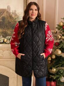 Rusticease Plus Size Solid Color Pocketed Zip-Up Sleeveless Padded Coat, Casual For Autumn/Winter Christmas Pajamas Christmas Clothes New Year Clothes Winter Clothes For Women Women's Winter Coat - Black - View 3
