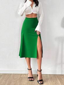EURMUSE High Waist Solid Color Slit Thigh Elegant Skirt - Hijau - View 5