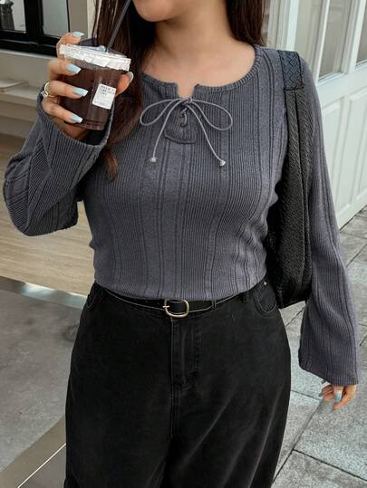 Dazy Plus Textured Fabric Casual V-Neck Tie Front Fitted Plus Size Women Long Sleeve T-Shirt