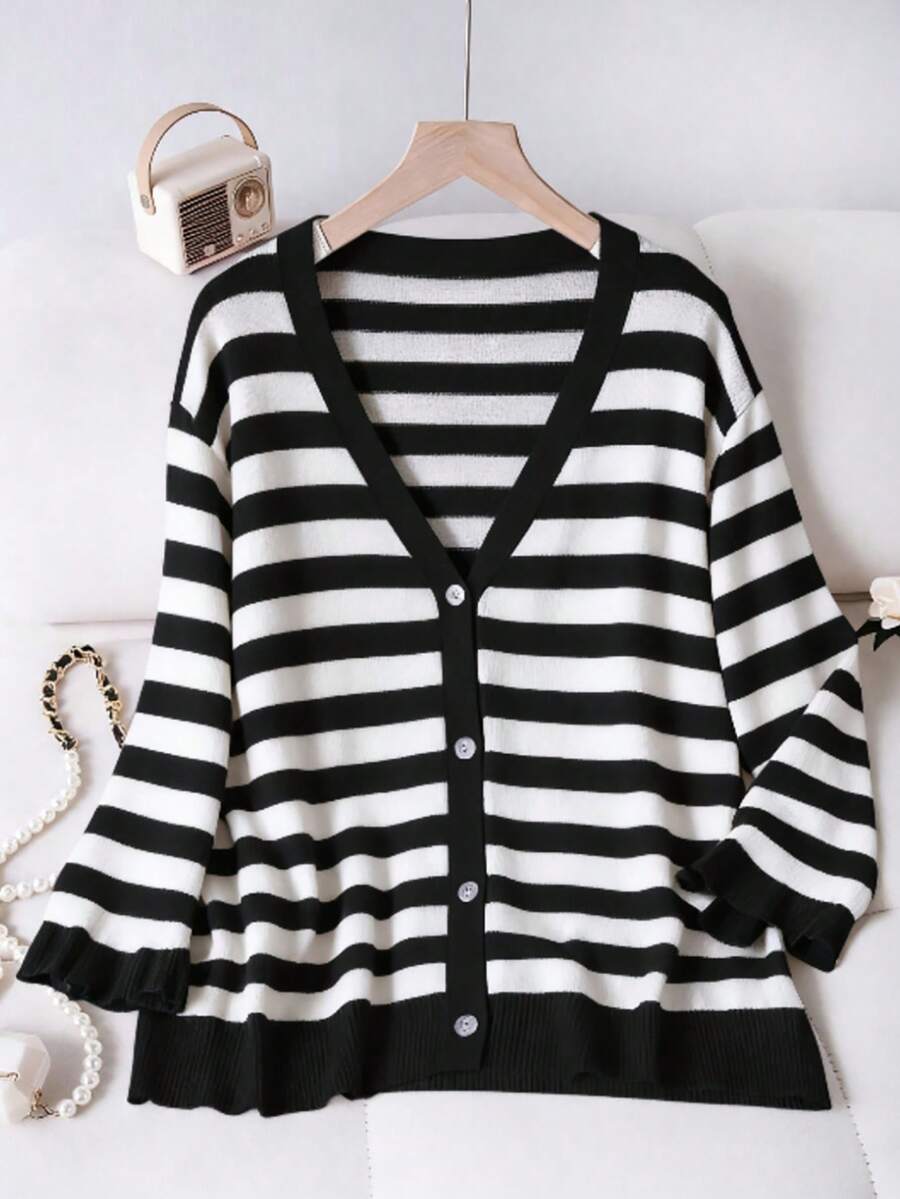 EMERY ROSE Plus Size Women Striped Long Sleeve Single-Breasted Casual Knit Cardigan, Autumn/Winter - Black - View 1