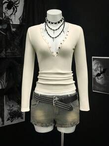 EgrlEra 女式深V领性感罗纹T恤，黑色，秋冬 - 杏色 - 查看 1