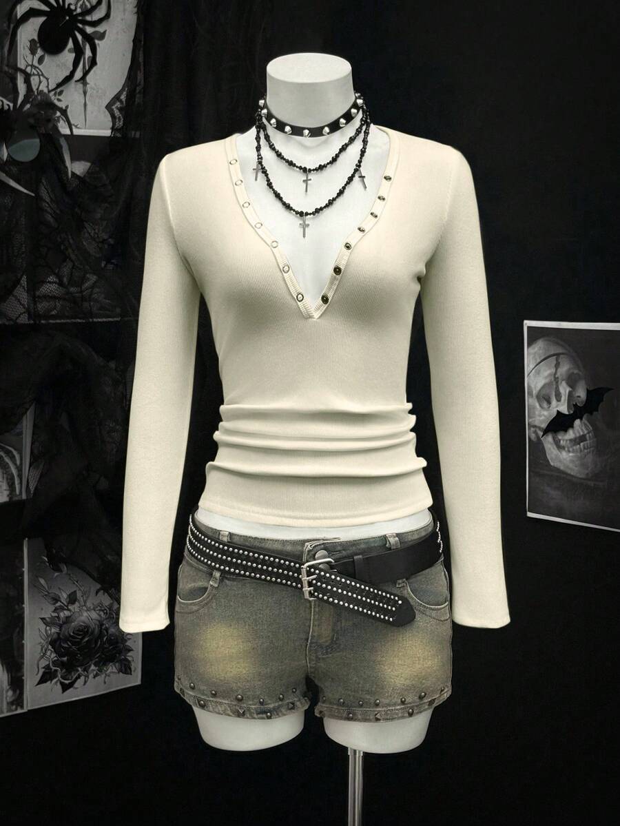 EgrlEra 女式深V领性感罗纹T恤，黑色，秋冬 - 杏色 - 查看 1