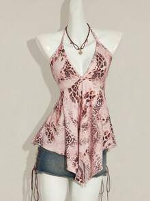 SHEIN ICON 复古动物印花细肩带吊带背心 - 卡其色 - 查看 3