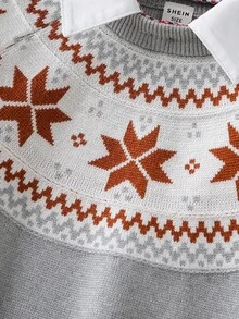 SHEIN Grey Knit Cute Young Boys Pullover Sweater Featuring Geometric Pattern And Collar Detail For Comfortable Wear - Grey - View 5
