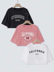 Chiquease 3pcs/Pack Casual Crew Neck Letter Print Cropped T-Shirts Graphic Tees Women Tops - Multicolor - View 1