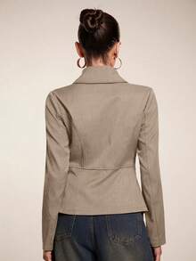 Glamine 女士前开衩纽扣优雅长袖外套，纯色女式外套，时尚圣诞女装，秋冬季百搭感恩节外套 - 駝色 - 查看 3