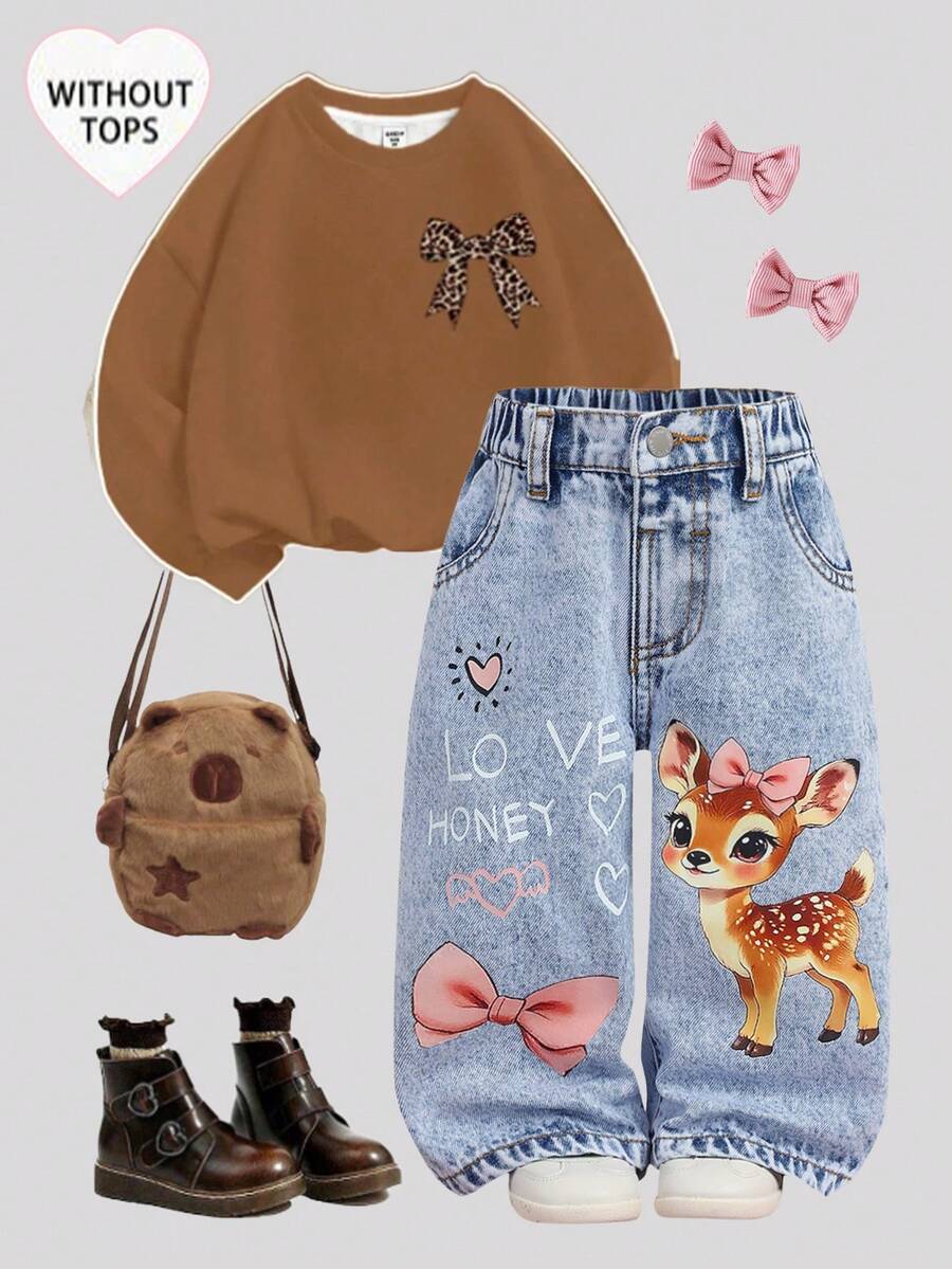 SHEIN Quần jean ống rộng màu xanh dương họa tiết hươu hoạt hình dễ thương cho bé gái, thích hợp cho mùa thu, mùa đông, phong cách thường ngày và thời trang cho kỳ nghỉ, kiểu dáng thập niên 2000, quần jean Halloween, Giáng sinh, họa tiết nơ. - Rửa nhẹ - Xem 1