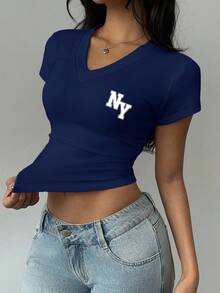 SHEIN EZwear 休闲简约学院风纽约NY标志印花V领褶皱T恤女款，适合夏季、返校季、学院风、老钱风返校季 - 藏蓝色 - 查看 2
