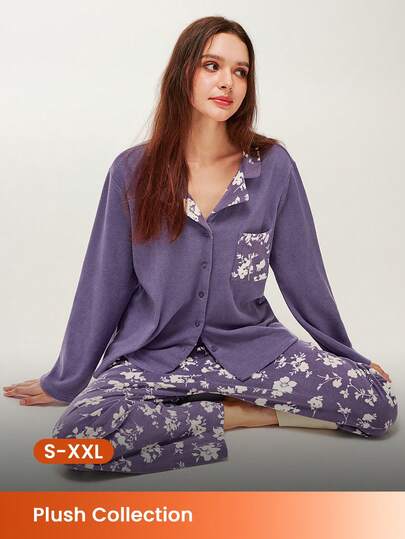 LUVLETTE Winter Basics Soft And Warm Women's Printed Long Sleeve Pajama Set Lounge Purple 2 Piece Set