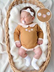 SHEIN 女婴荷叶边领针织长袖连体衣，秋冬舒适，百搭驼色/卡其色，刺绣蜜蜂图案，可爱优雅，适合日常穿着、居家、外出、旅行和日托 - 卡其色 - 查看 7