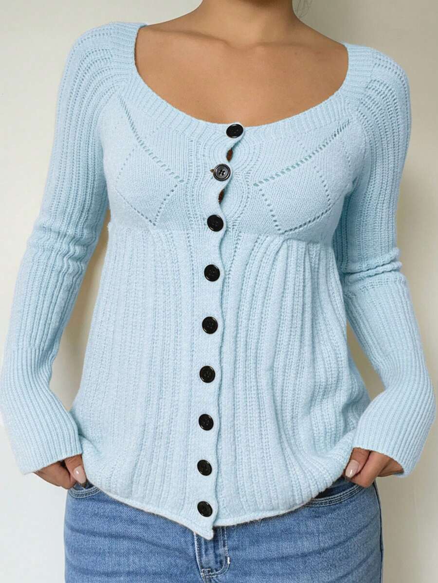 SHEIN EZwear Women's Regular Solid Color Round Neck Front Button Long Sleeve Cardigan In Fall/Winter - Baby Blue - View 1
