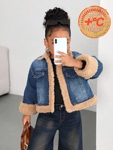 SHEIN 女童宽松蓝色牛仔保暖外套，秋冬季 - 中等水洗藍 - 查看 2