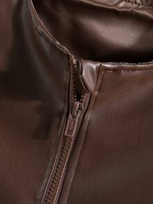 青少年女孩休闲 PU 皮革拉链圆领泡泡袖夹克，秋季 - 棕色 - 查看 4