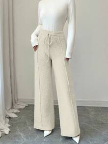 Elenzga 女式高腰抽绳宽松奢华仿羊毛针织阔腿裤 - 米色 - 查看 5