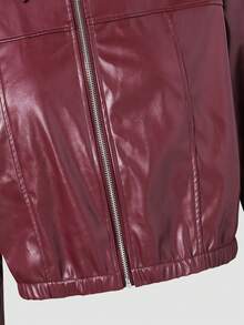 SHEIN Teen Girl Solid Color PU Leather Zip-Up Jacket, Autumn - Red - View 6
