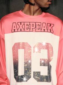 AXEPEAK Letter Print Color Block Rhinestone Decor Round Neck Long Sleeve T-Shirt - Pink - View 7