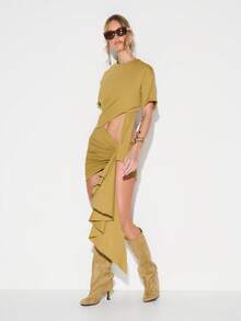 KIZN Mustard Cut-Out Mini Dress With Twisted Drape Detail And Short Sleeves - Army Green - View 5