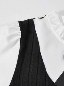 SHEIN ChillGRL 女式荷叶边领泡泡袖拼接休闲迷你连衣裙 - 黑與白 - 查看 6