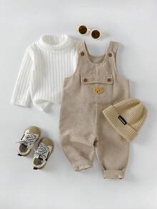 SHEIN Playful Pals 0-3 Years Baby Unisex Infant Toddler Spring Autumn White High Collar Long Sleeve Top With Apricot Bib Pants Set, Casual Style With Cute Bear Embellishment Suitable For Outdoor Play And Leisure - Coffee Brown - View 1