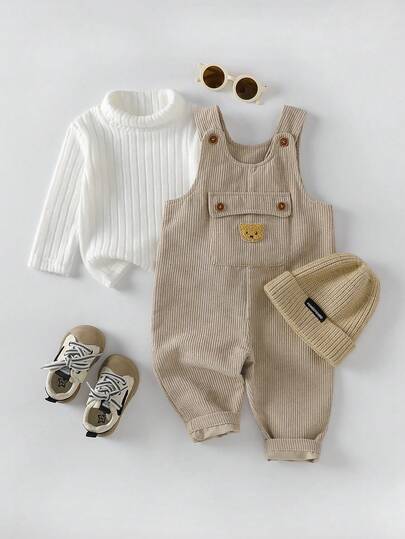 SHEIN Playful Pals 0-3 Years Baby Unisex Infant Toddler Spring Autumn White High Collar Long Sleeve Top With Apricot Bib Pants Set, Casual Style With Cute Bear Embellishment Suitable For Outdoor Play And Leisure