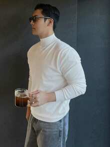 DAZY 男士修身纯白色高领毛衣，秋季 - 白色 - 查看 4