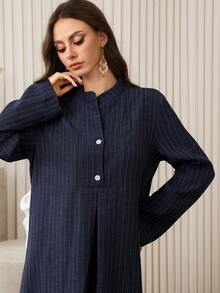 Al Najma Women's Striped Long Sleeve Casual Everyday Arabic Style Dress, Autumn - Blue - View 5