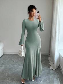 Elenzga 女式优雅弹力修身鱼尾下摆荷叶边袖连衣裙，秋冬 - 灰色 - 查看 4